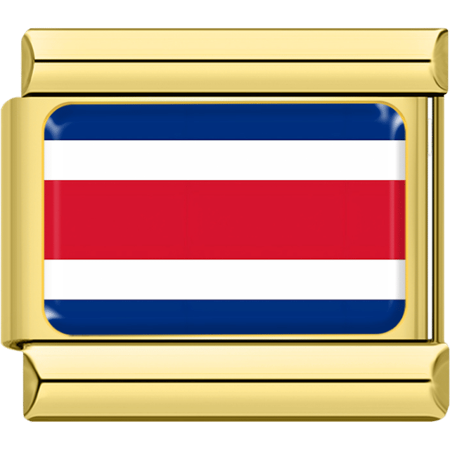 Gold rectangular Italian charm bracelet link featuring the flag of Costa Rica, with blue, white, and red horizontal stripes.